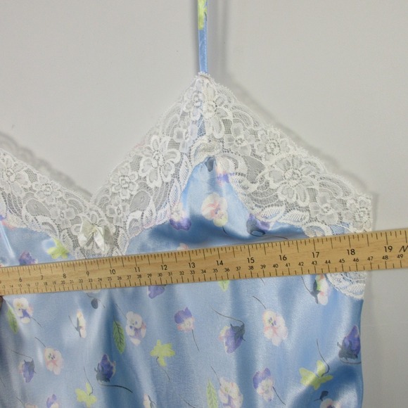 Morgan Taylor Intimates Slip Dress L Blue Satin Lace Trim Floral Lingerie 92 - Picture 5 of 10